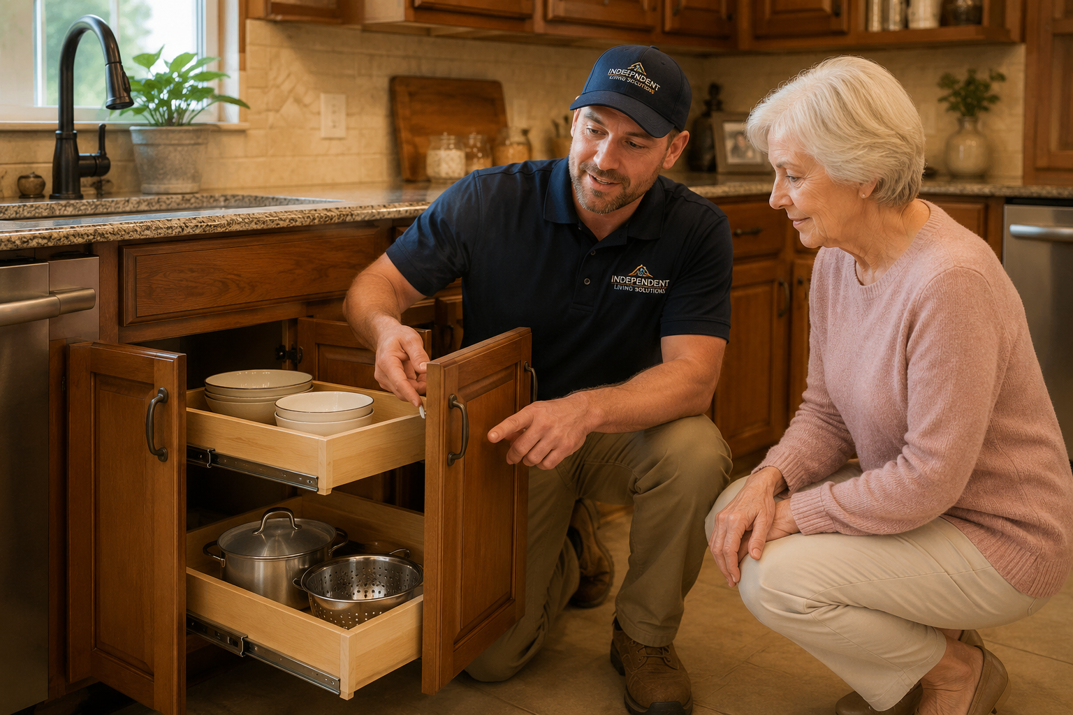 Professional installer showing an elderly woman new pull-out kitchen cabinet shelves for aging in place.