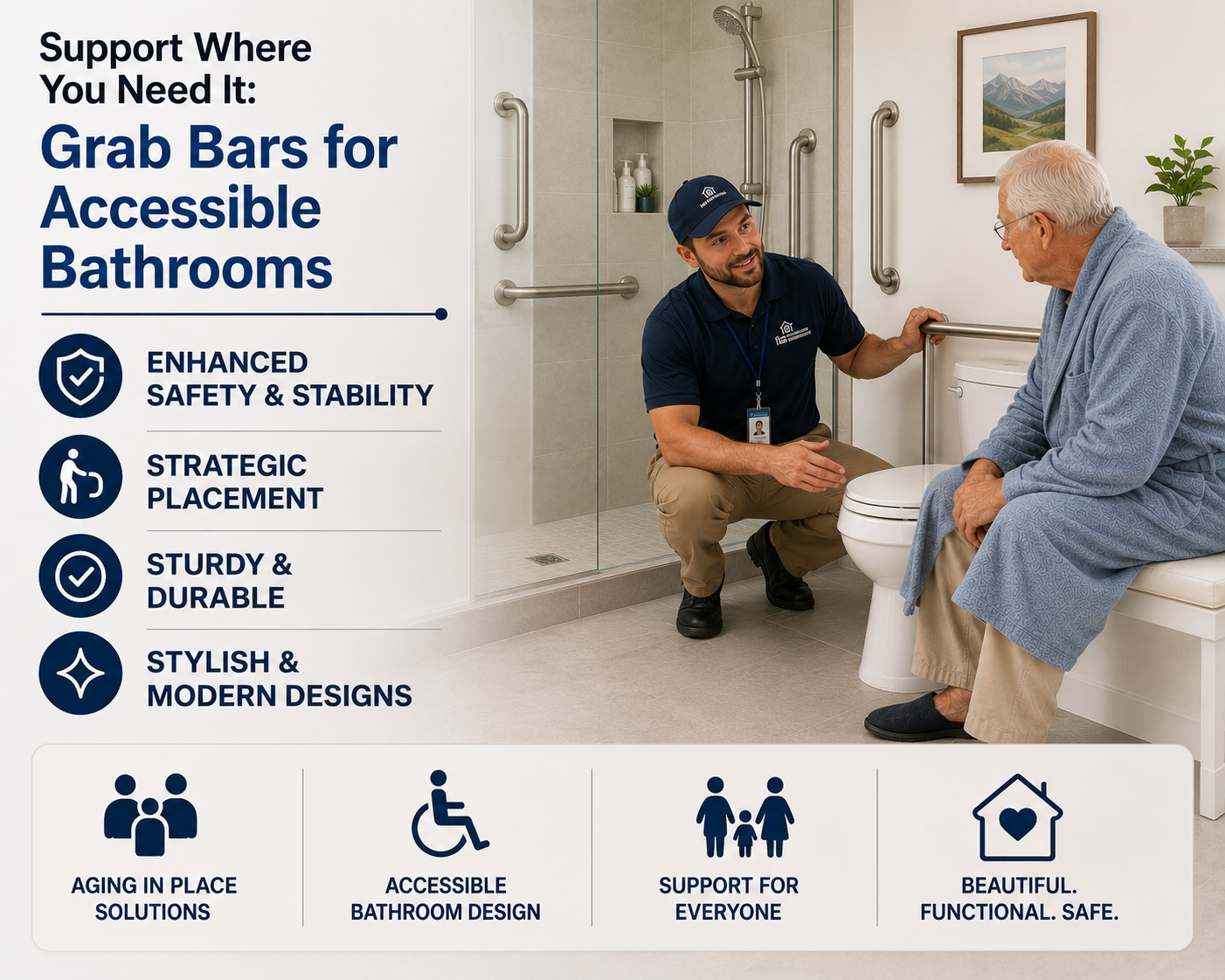 A specialist installs safety grab bars in an accessible bathroom for an elderly man.