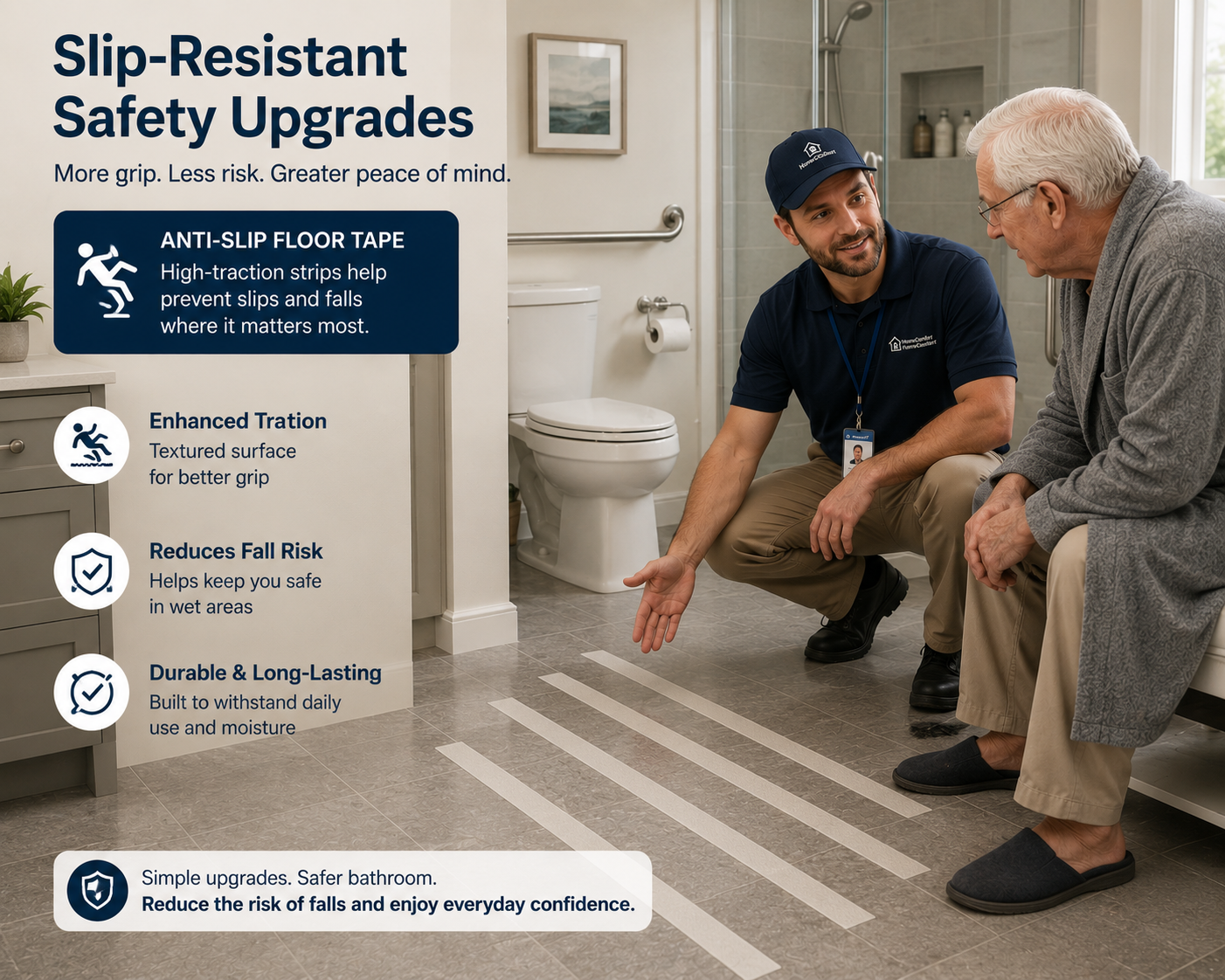 Technician installing anti-slip floor tape for senior bathroom safety to prevent falls.