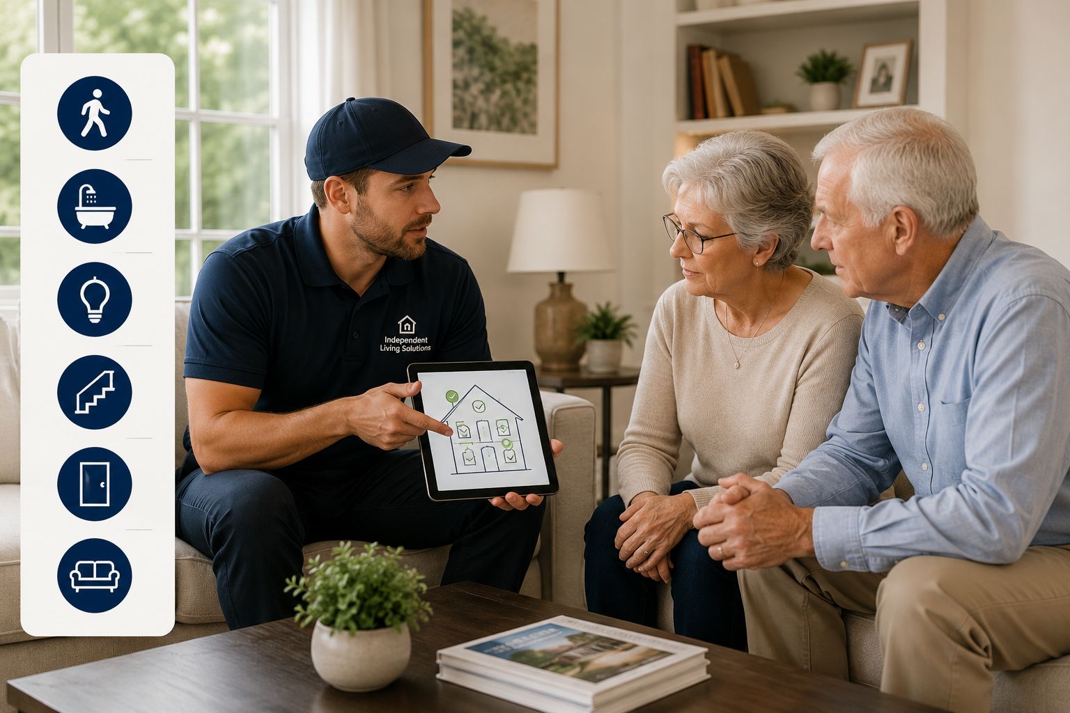 A professional consultant showing home accessibility modification plans on a tablet to a senior couple.