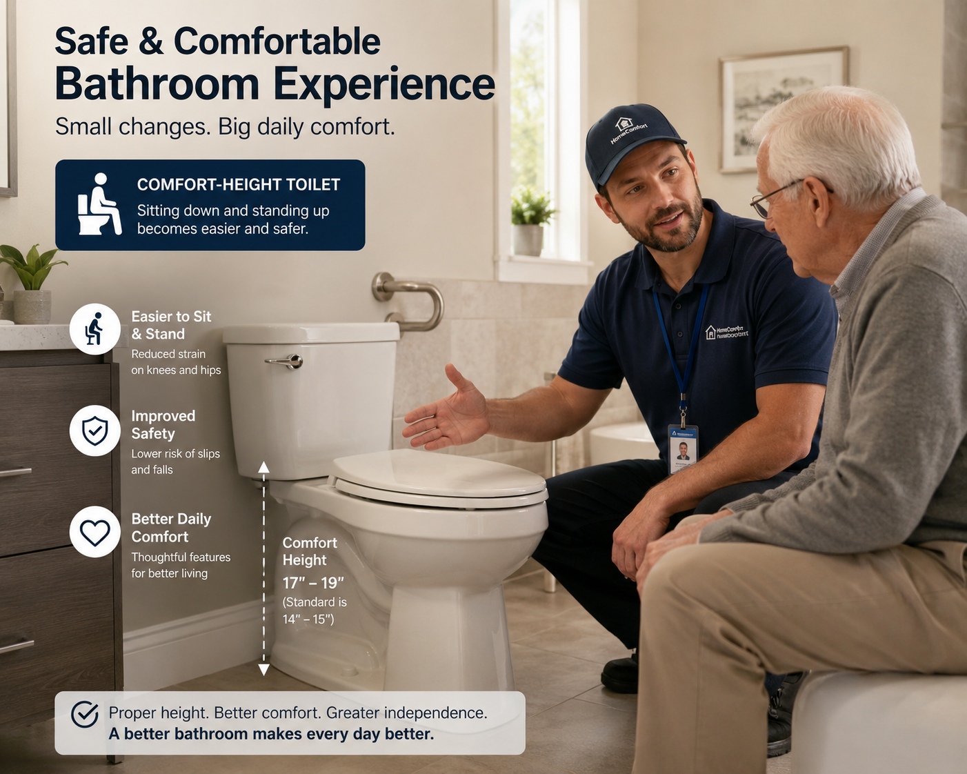 A professional installer explains the benefits of a comfort-height toilet to a senior man for improved bathroom safety.