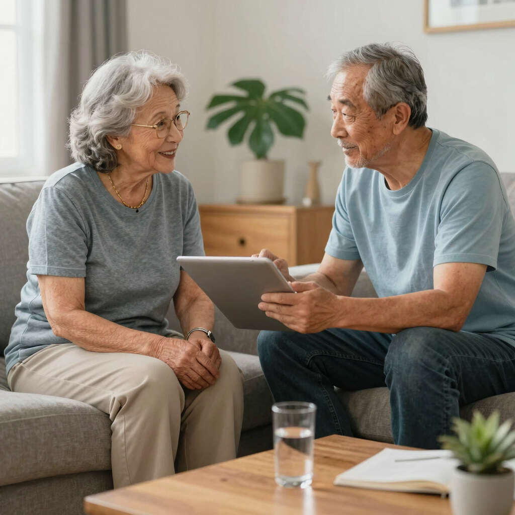 An elderly Asian couple sits on a sofa together while looking at a digital tablet in a bright living room.