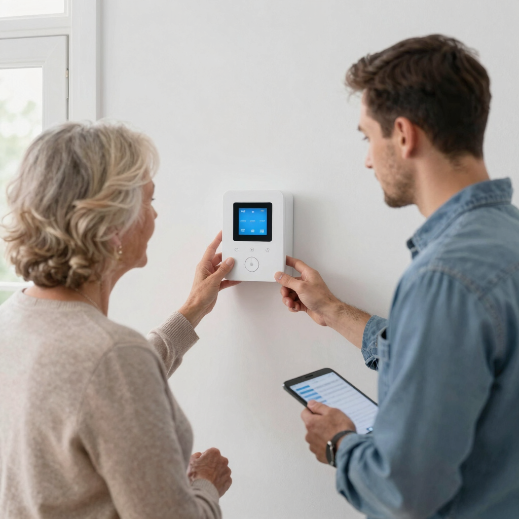 A technician helps a woman adjust a smart home thermostat panel on a white wall using a tablet.