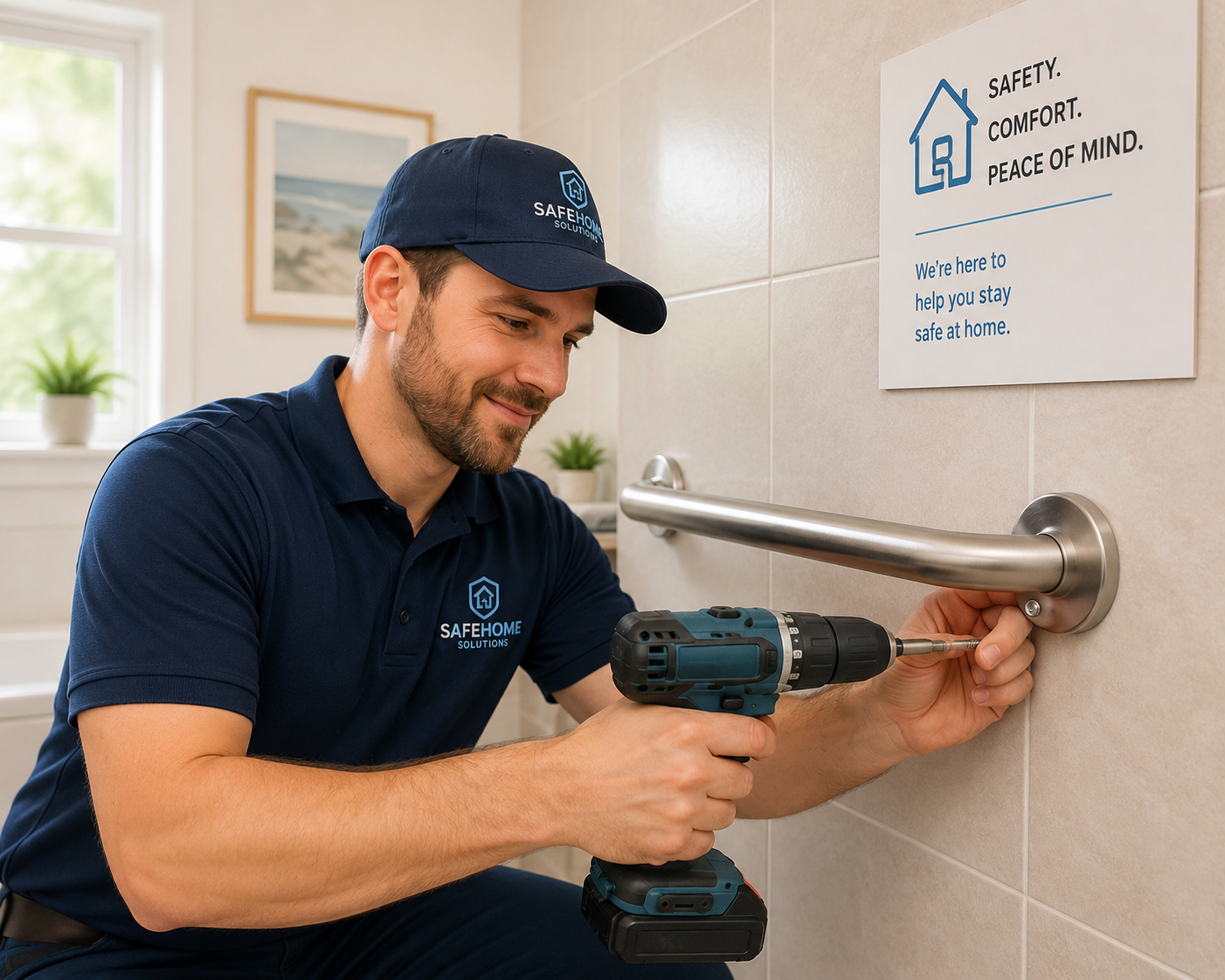 Professional technician installing a stainless steel bathroom grab bar for senior home safety.