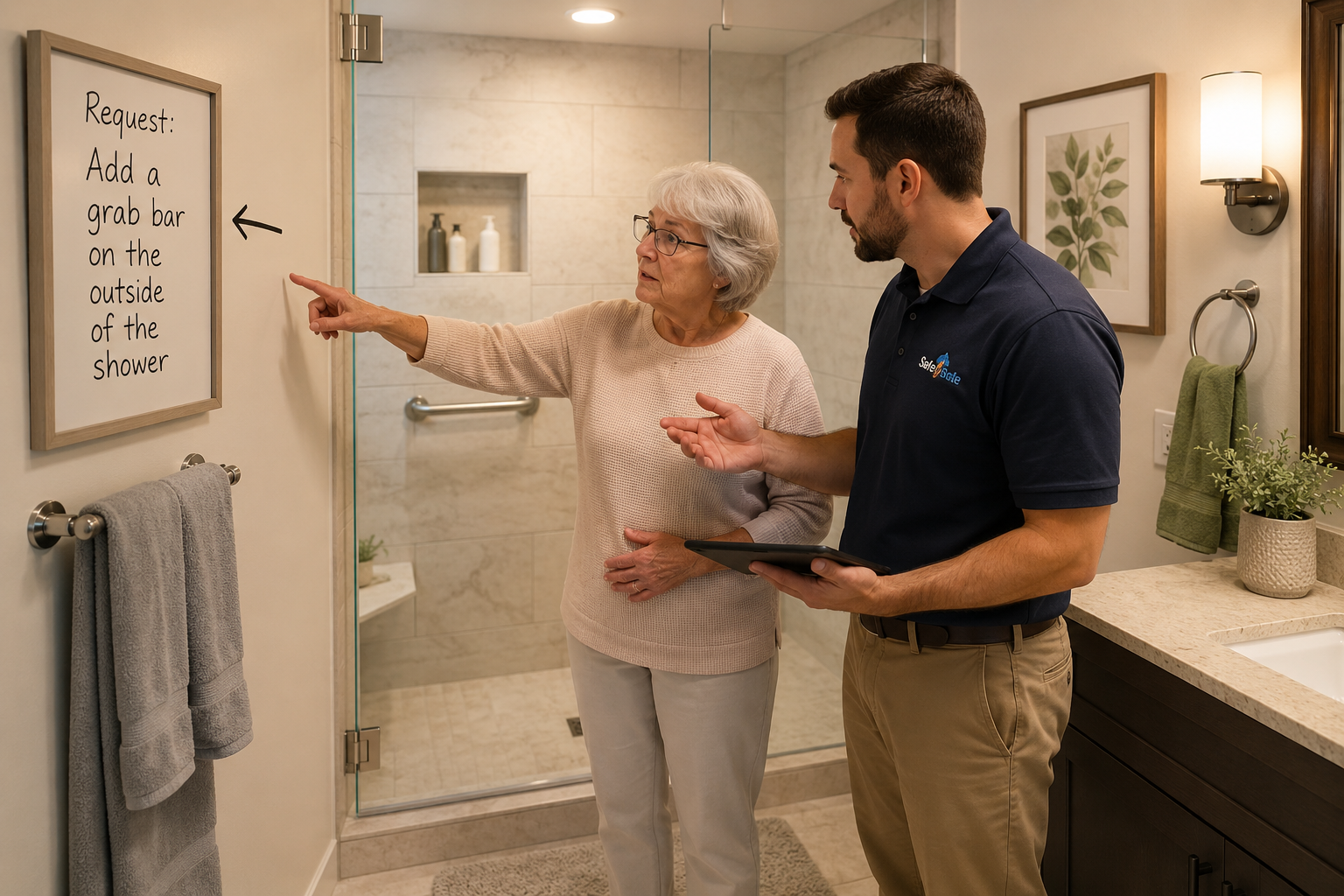 A contractor discusses a bathroom grab bar installation for senior safety with a female homeowner.