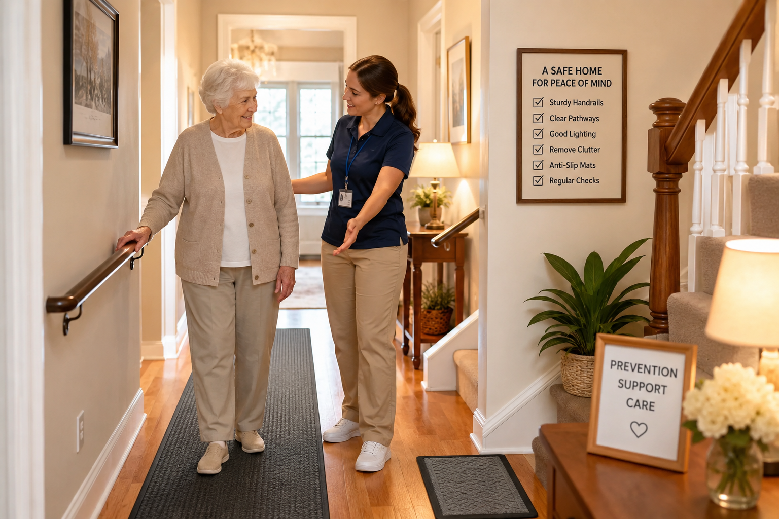 A home care assistant helping a senior woman navigate a safe hallway with handrails and non-slip mats.