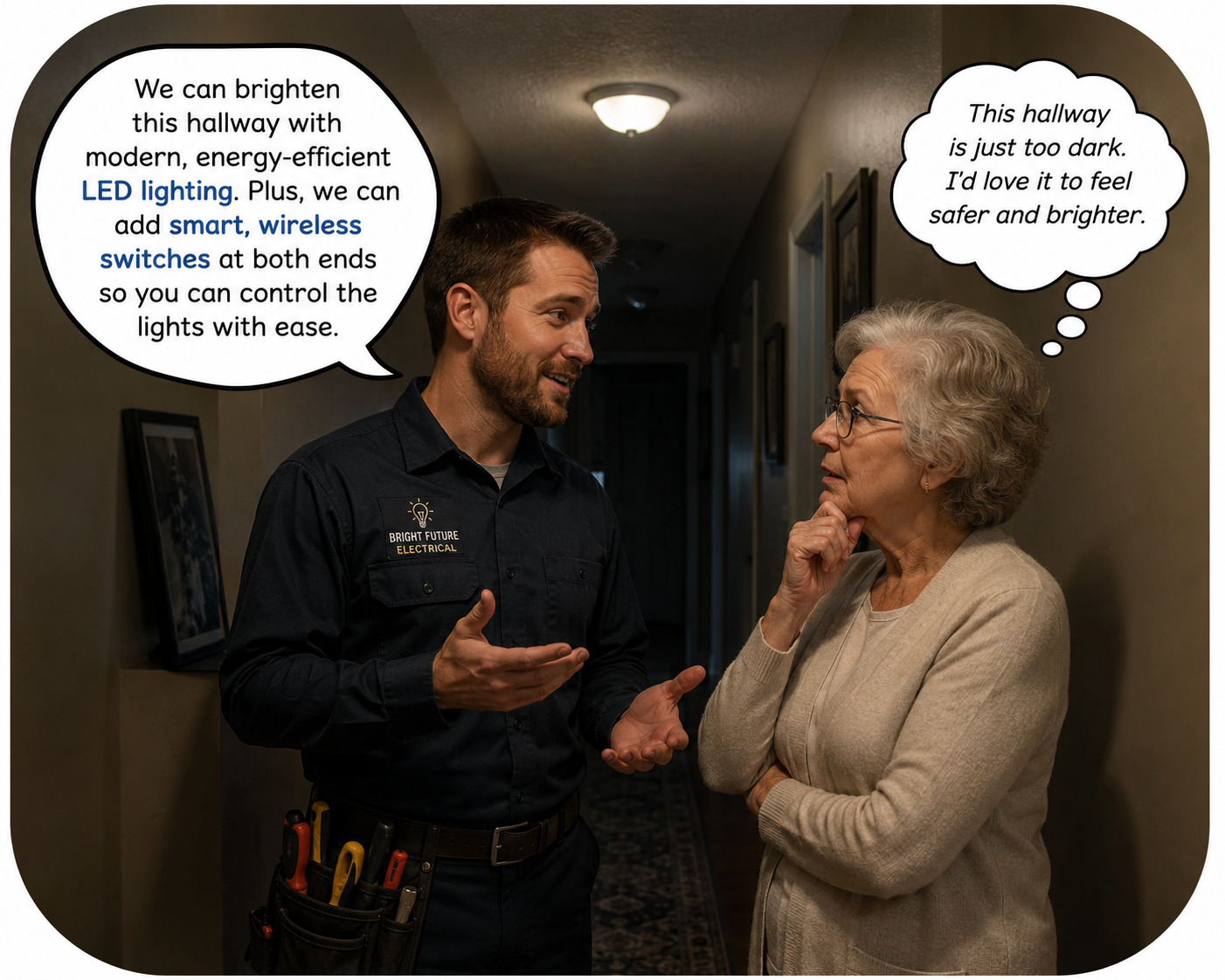 An electrician discussing modern energy-efficient LED lighting and smart wireless switches with a senior woman.
