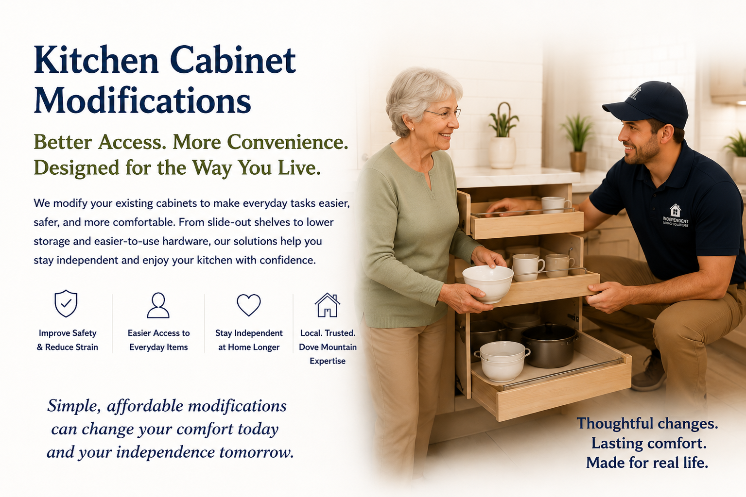 A senior woman uses pull-out sliding kitchen cabinet shelves installed by a professional technician.