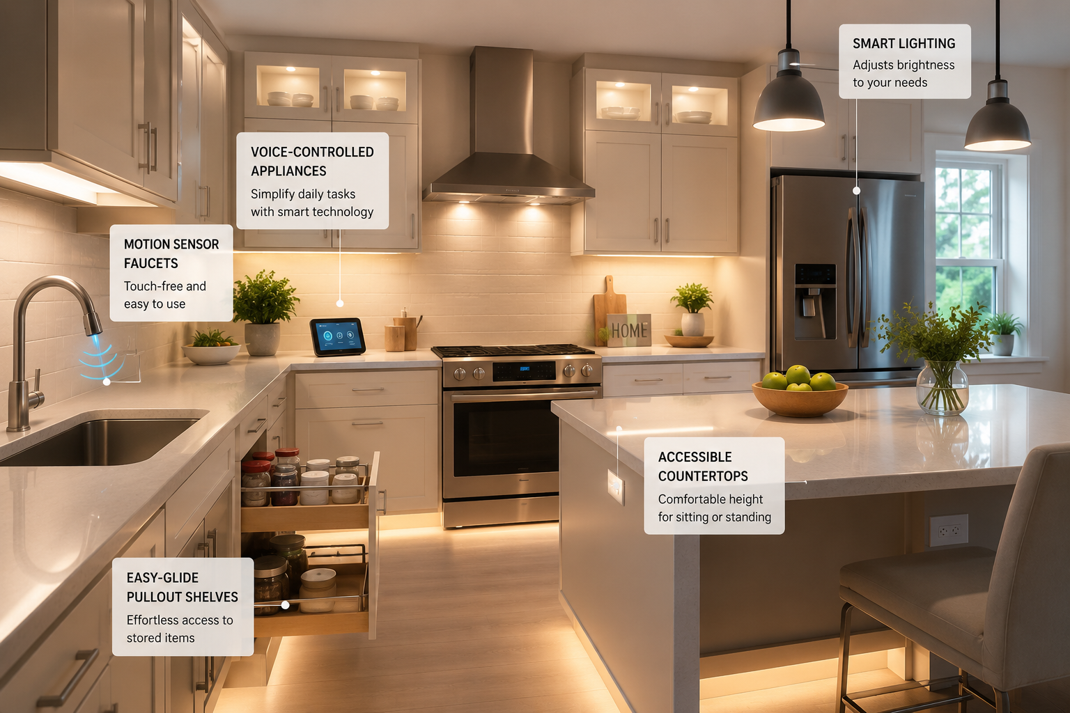Modern smart kitchen featuring voice-controlled appliances, motion sensor faucets, and accessible countertops with smart