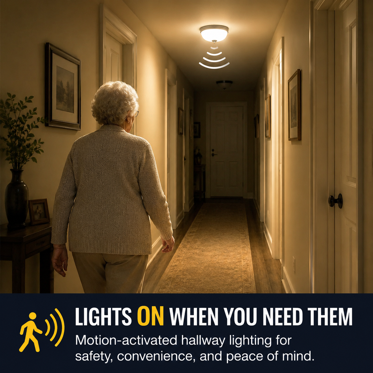 An elderly woman walks down a dark hallway illuminated by a motion-activated smart ceiling light.