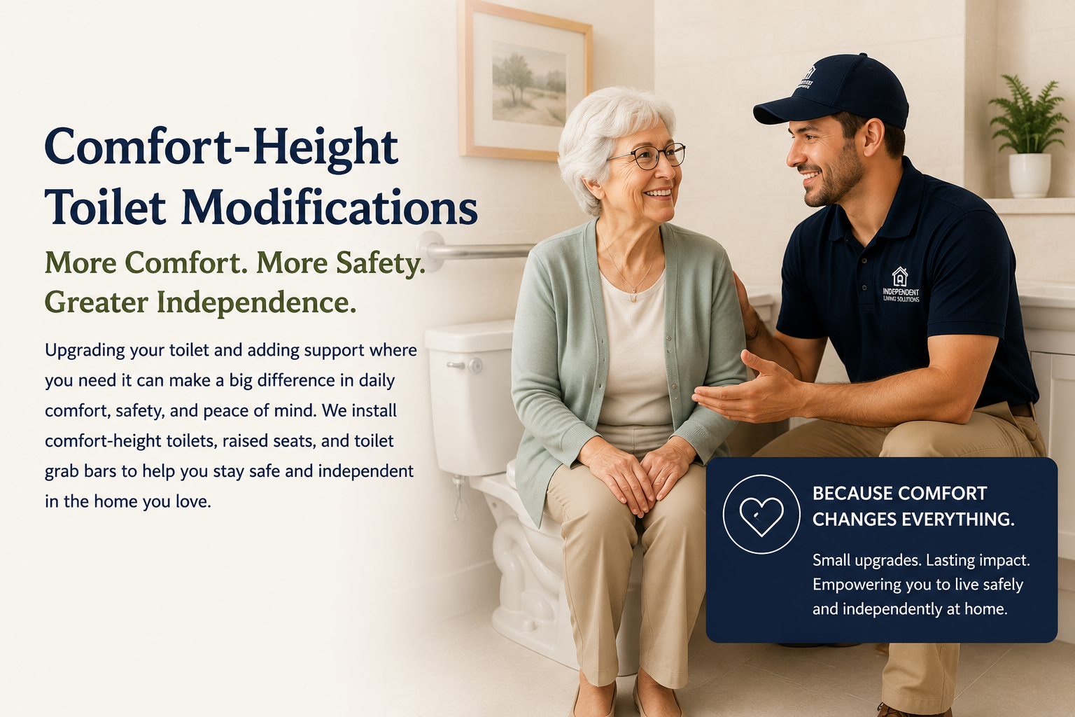 Senior woman smiling at a technician installing comfort-height toilet modifications and grab bars for bathroom safety.