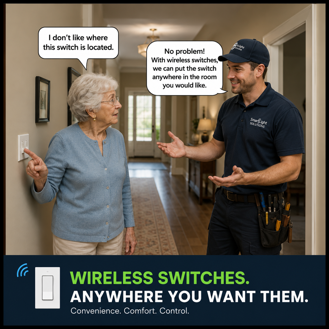 Electrician explaining wireless light switch installation to a senior homeowner for home accessibility.